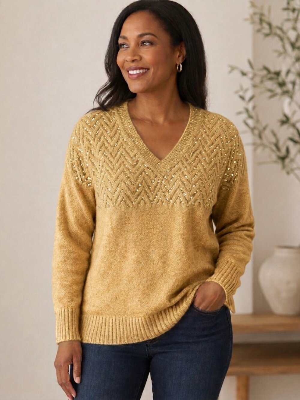 Vibrant Deep beige soft V-neck sweater